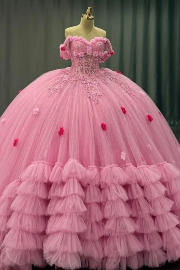 Off Shoulder Sleeveless Beaded Sequins 3D Flower Appliques Pink Quinceañera Dress WQ1656