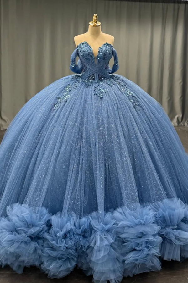 Off Shoulder Sleeveless Beaded Appliques Sweet 15 Quinceañera Dress WQ1657