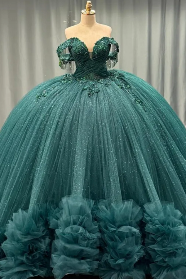 Off Shoulder Sleeveless Beaded Appliques Dark Green Sweet 15 Quinceañera Dress WQ1658