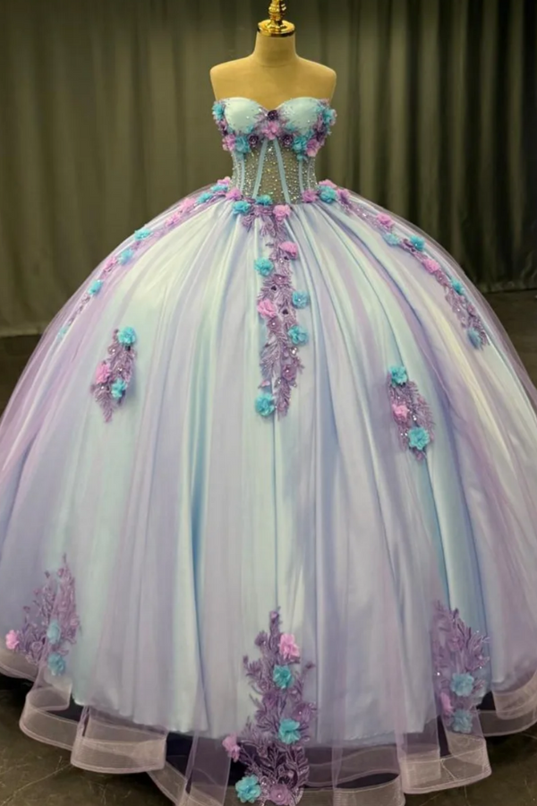 Strapless Sleeveless Beaded 3D Appliques Purple Sweet 15 Quinceañera Dress WQ1659