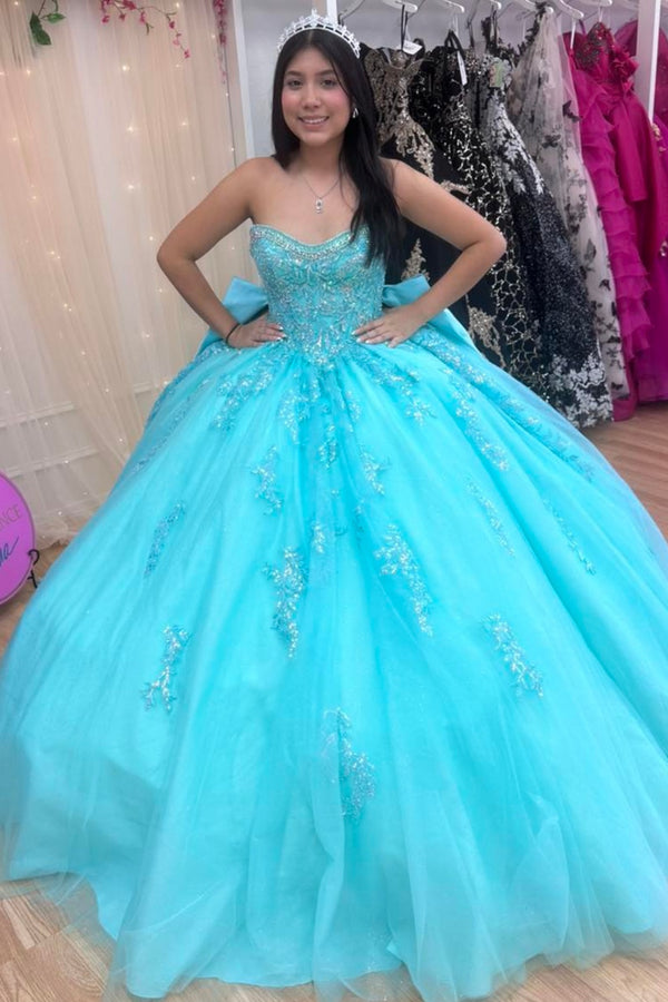 Langes Quinceanera-Kleid mit Herzausschnitt für Damen, trägerloses Korsett mit Blumenapplikationen, Perlenbesetztes Tüll-Ballkleid 