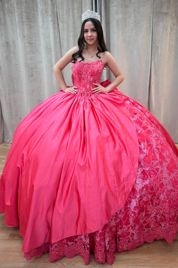 Langes Quinceanera-Kleid mit Herzausschnitt für Damen, trägerloses Korsett mit Blumenapplikationen, Perlenbesetztes Tüll-Ballkleid 