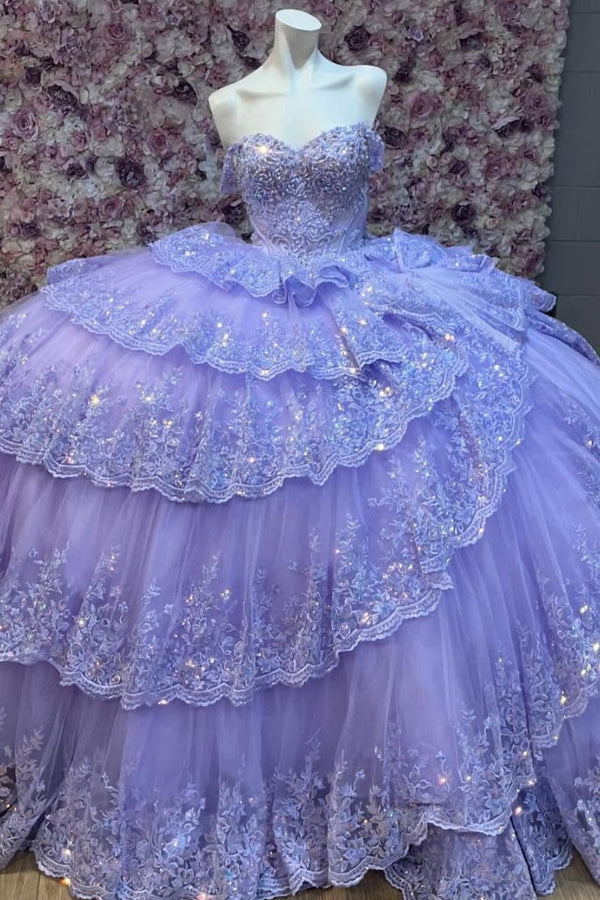 Langes Quinceanera-Kleid mit Herzausschnitt für Damen, trägerloses Korsett mit Blumenapplikationen, Perlenbesetztes Tüll-Ballkleid 