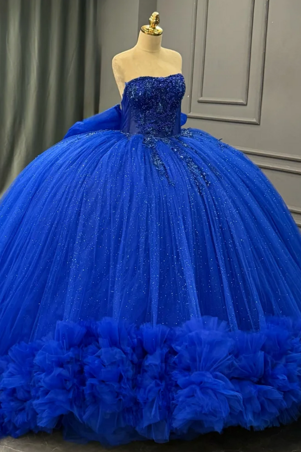 Strapless Sleeveless Beaded Appliques Royal Blue Bow Knot Sweet 15 Quinceañera Dress WQ1660