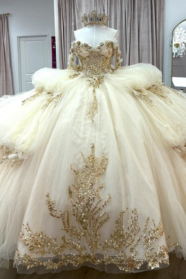 Off Shoulder Sleeveless Gold Sequins Appliques Bow Knot Champagne Quinceañera Dress WQ1661