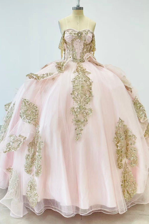 Langes Quinceanera-Kleid mit Herzausschnitt für Damen, trägerloses Korsett mit Blumenapplikationen, Perlenbesetztes Tüll-Ballkleid 