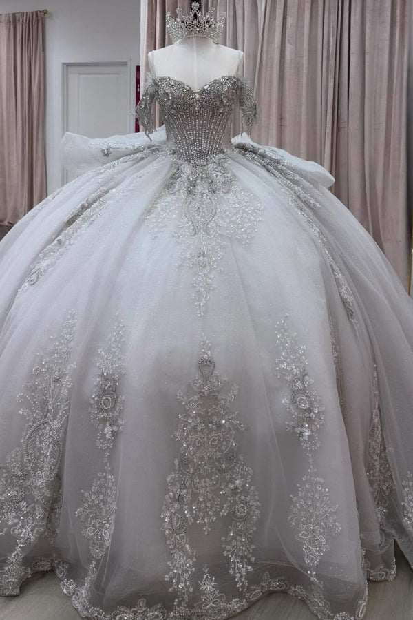 Off Shoulder Sleeveless Beaded Crystal Appliques Silver Sweet 15 Quinceañera Dress WQ1662