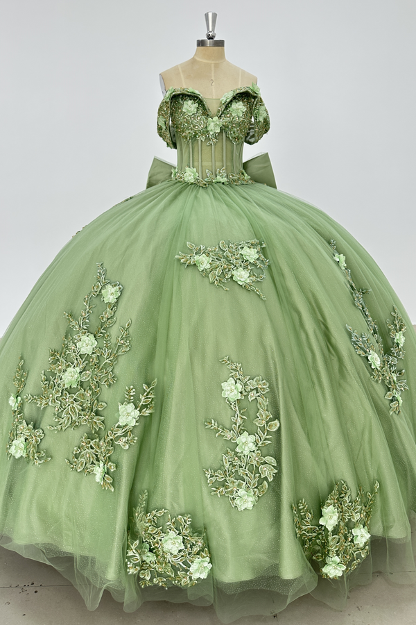 Langes Quinceanera-Kleid mit Herzausschnitt für Damen, trägerloses Korsett mit Blumenapplikationen, Perlenbesetztes Tüll-Ballkleid 