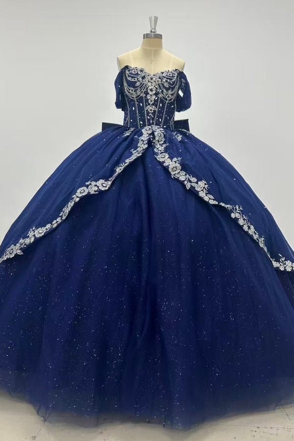 Langes Quinceanera-Kleid mit Herzausschnitt für Damen, trägerloses Korsett mit Blumenapplikationen, Perlenbesetztes Tüll-Ballkleid 