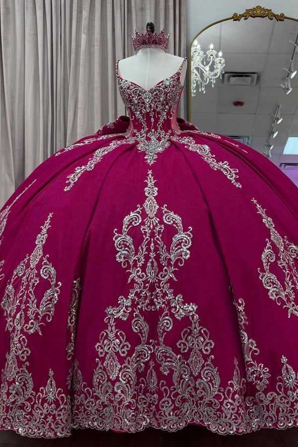 V Neck Spaghetti Straps Sleeveless Beaded Sequins Appliques Burgundy Quinceañera Dress WQ1663