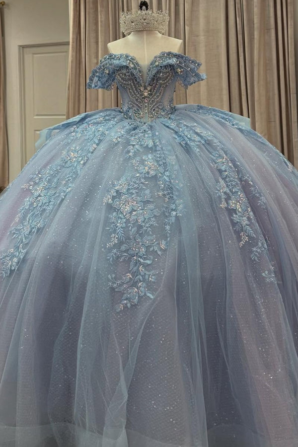 Off Shoulder Sleeveless Beaded Appliques Bow Knot Blue Sweet 15 Quinceañera Dress WQ1664