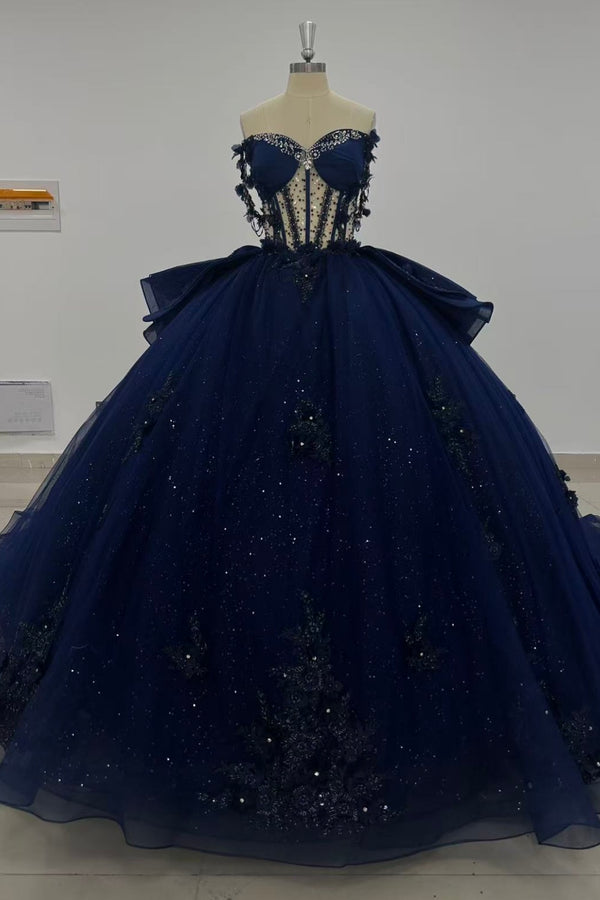 Langes Quinceanera-Kleid mit Herzausschnitt für Damen, trägerloses Korsett mit Blumenapplikationen, Perlenbesetztes Tüll-Ballkleid 