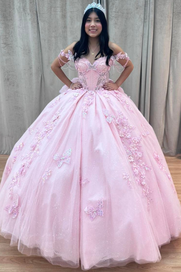 Langes Quinceanera-Kleid mit Herzausschnitt für Damen, trägerloses Korsett mit Blumenapplikationen, Perlenbesetztes Tüll-Ballkleid 