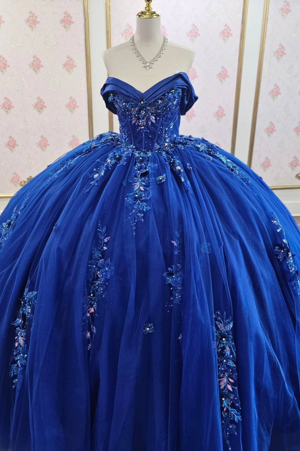 Off Shoulder Sleeveless Sequins Appliques Royal Blue Sweet 15 Quinceañera Dress WQ1665