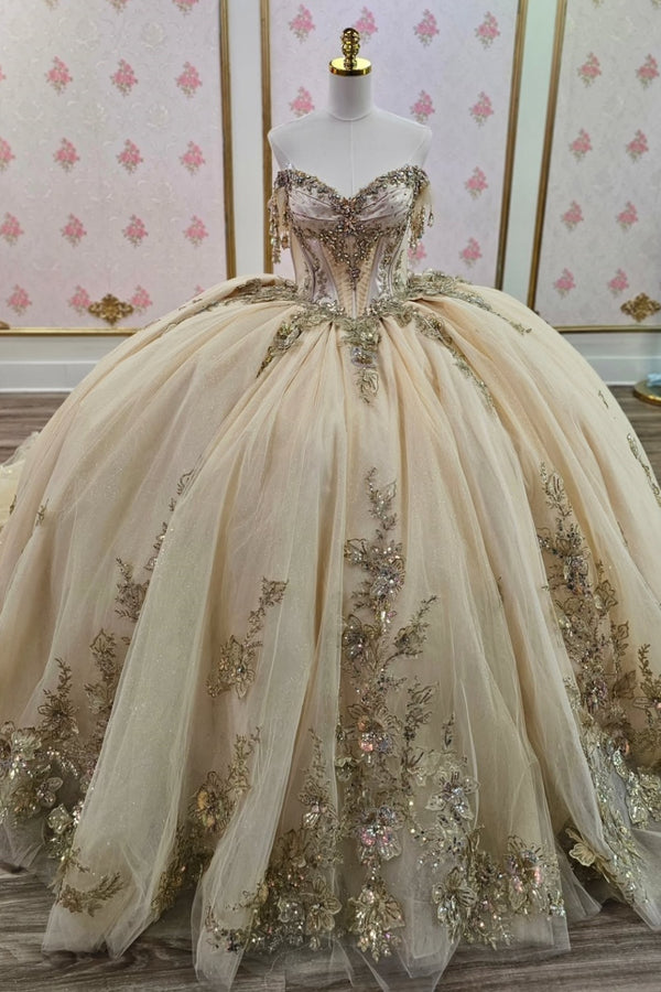 Off Shoulder Sleeveless Beaded Sequins Appliques Champagne Quinceañera Dress WQ1666