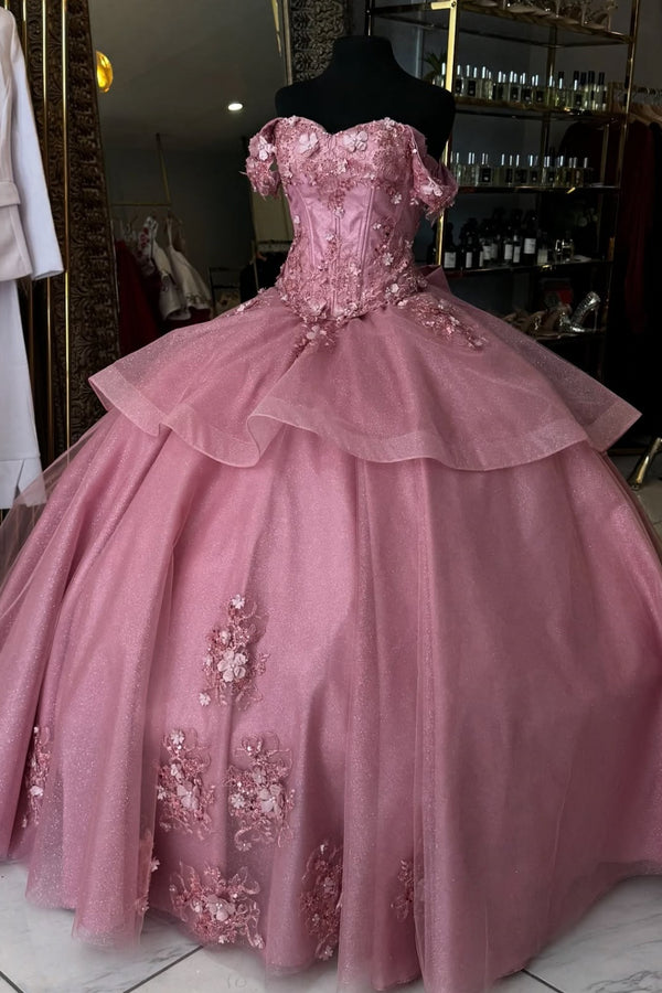 Langes Quinceanera-Kleid mit Herzausschnitt für Damen, trägerloses Korsett mit Blumenapplikationen, Perlenbesetztes Tüll-Ballkleid 