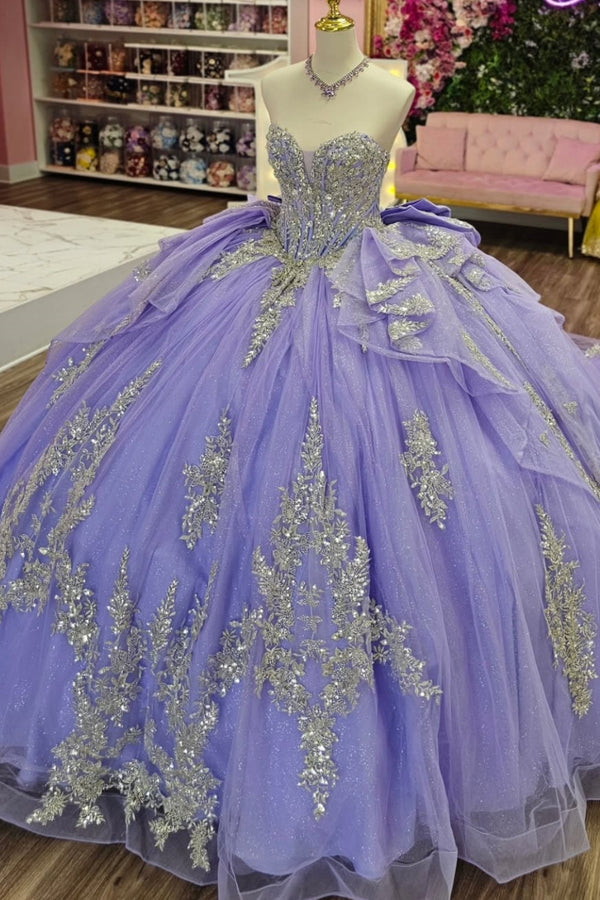 Strapless Sleeveless Sliver Sequins Appliques Ruffles Bow Knot Lilac Sweet 15 Quinceañera Dress WQ1667
