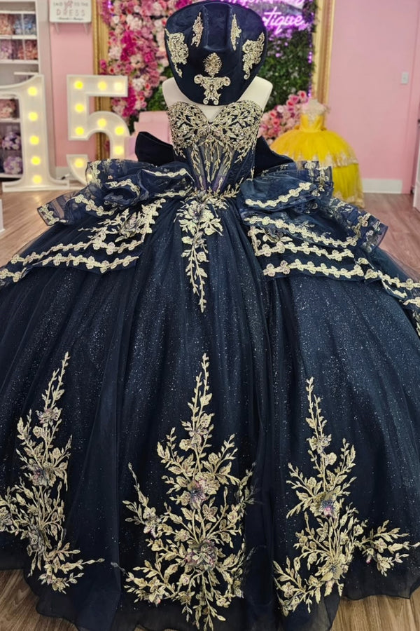 Strapless Sleeveless Gold Sequins Appliques Ruffles Bow Knot Navy Quinceañera Dress WQ1668
