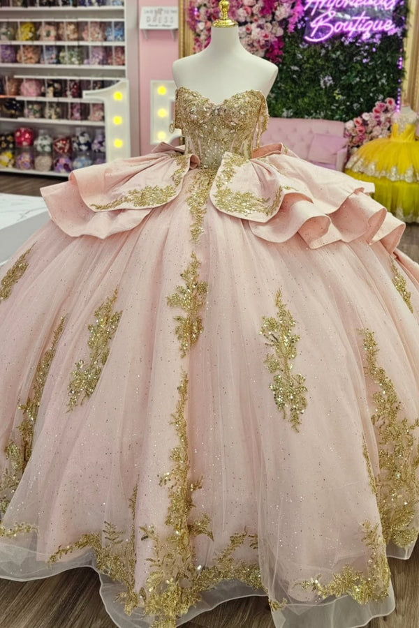 Off Shoulder Sleeveless Gold Beaded Sequins Appliques Ruffles Bow Knot Pink Quinceañera Dress WQ1669