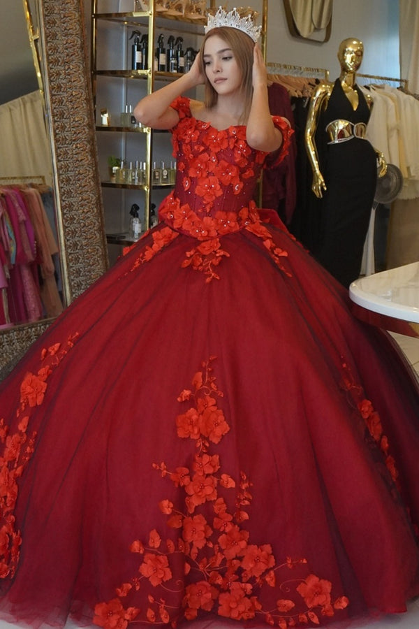 Langes Quinceanera-Kleid mit Herzausschnitt für Damen, trägerloses Korsett mit Blumenapplikationen, Perlenbesetztes Tüll-Ballkleid 