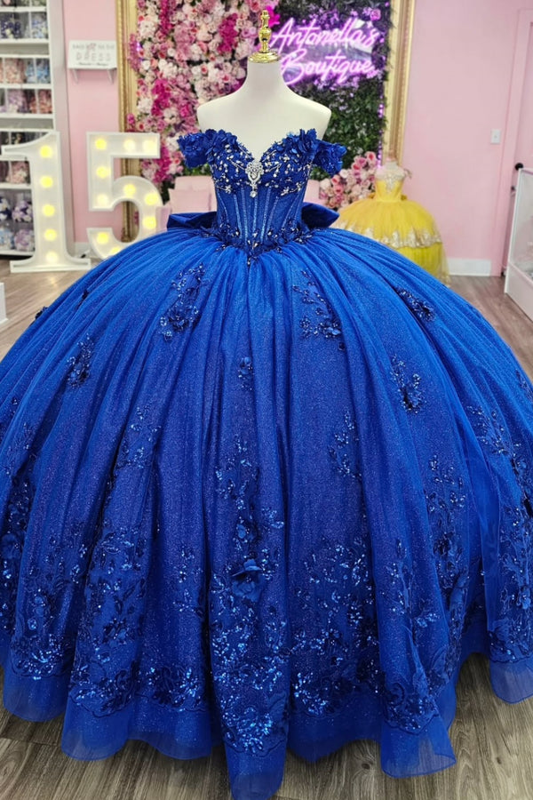 Off Shoulder Sleeveless 3D Flower Appliques Bow Knot Royal Blue Sweet 15 Quinceañera Dress WQ1670