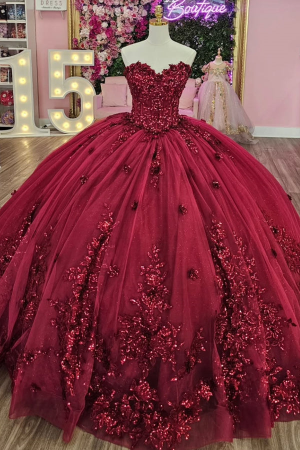 Strapless Sleeveless Sequins Beaded Appliques Burgundy Sweet 15 Quinceañera Dress WQ1671