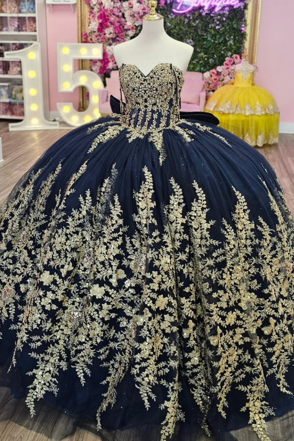 Off Shoulder Sleeveless Gold Beaded Sequins Appliques Bow Knot Navy Sweet 15 Quinceañera Dress WQ1672