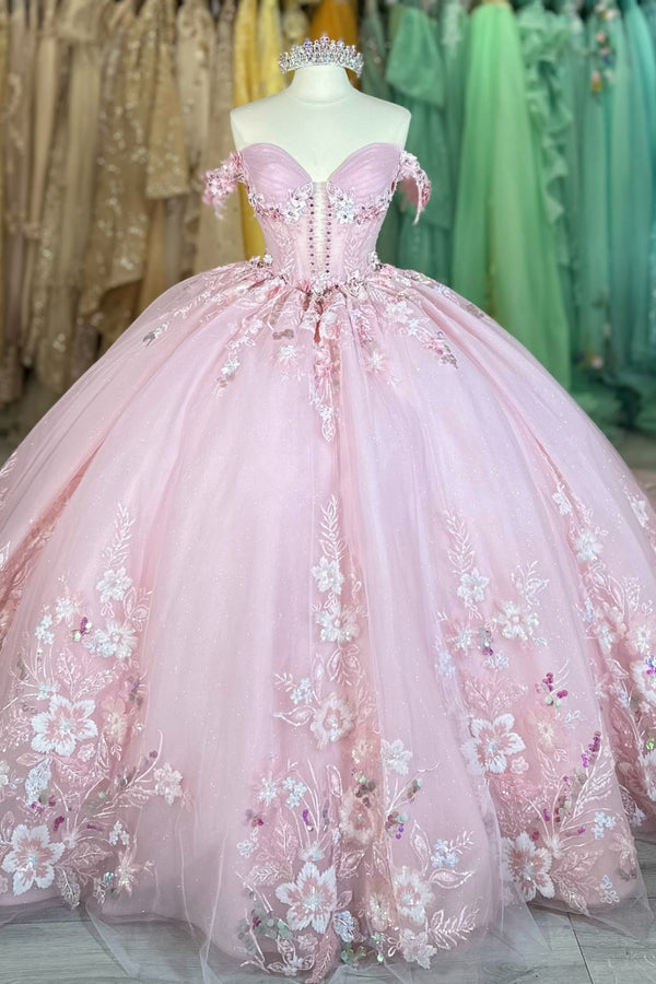 Off Shoulder Sleeveless Beaded Appliques Pink Sweet 15 Quinceañera Dress WQ1673