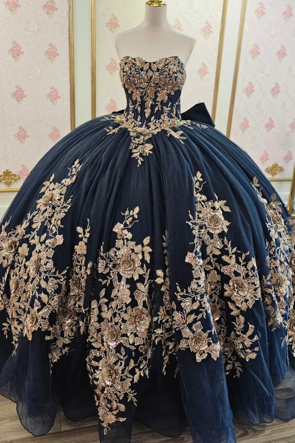 Strapless Sleeveless Gold Sequins Appliques Bow Knot Navy Sweet 15 Quinceañera Dress WQ1674