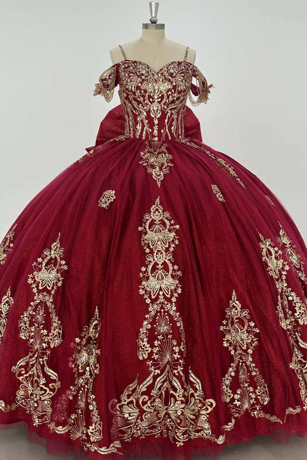 Off Shoulder Sleeveless Beaded Sequins Appliques Bow Knot Burgundy Quinceañera Dress WQ1675