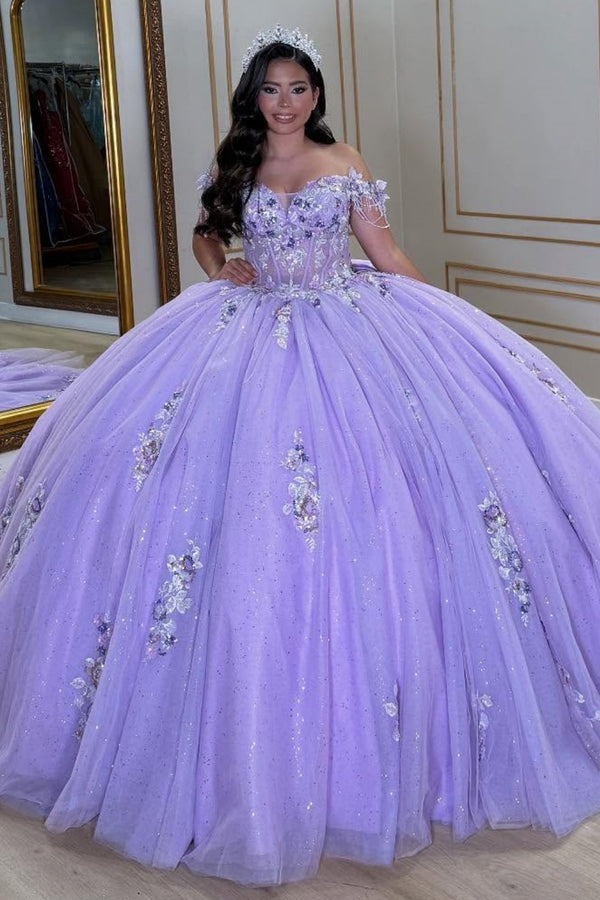 Off Shoulder Sleeveless Sequins Beaded Bow Knot Sweet 15 Quinceañera Dress WQ1676