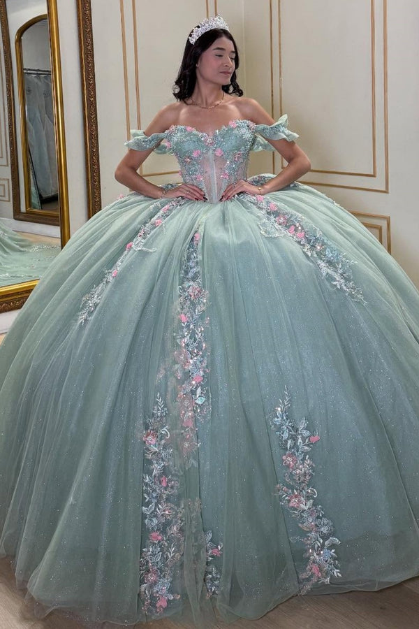 Off Shoulder Sleeveless Beaded 3D Flower Appliques Mint Green Sweet 15 Quinceañera Dress WQ1677