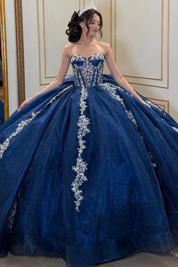 Strapless Sleeveless Silver Appliques Bow Knot Dark Navy Sweet 15 Quinceañera Dress WQ1678