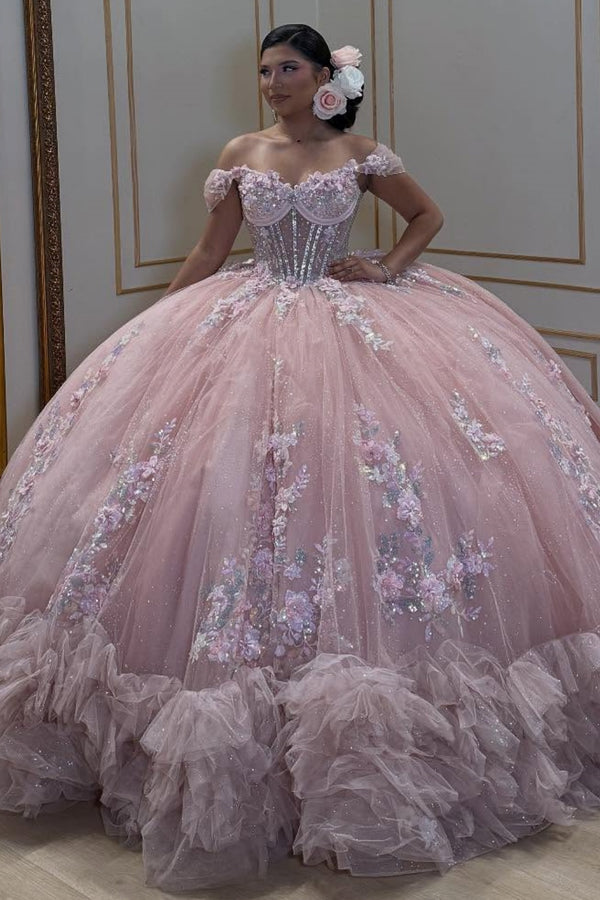Off Shoulder Sleeveless Sequins Beaded 3D Flower Appliques Pink Sweet 15 Quinceañera Dress WQ1679