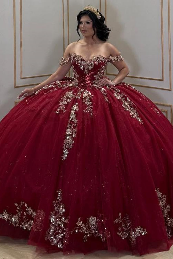 Off Shoulder Sleeveless Gold Appliques Bow Knot Burgundy Sweet 15 Quinceañera Dress WQ1681