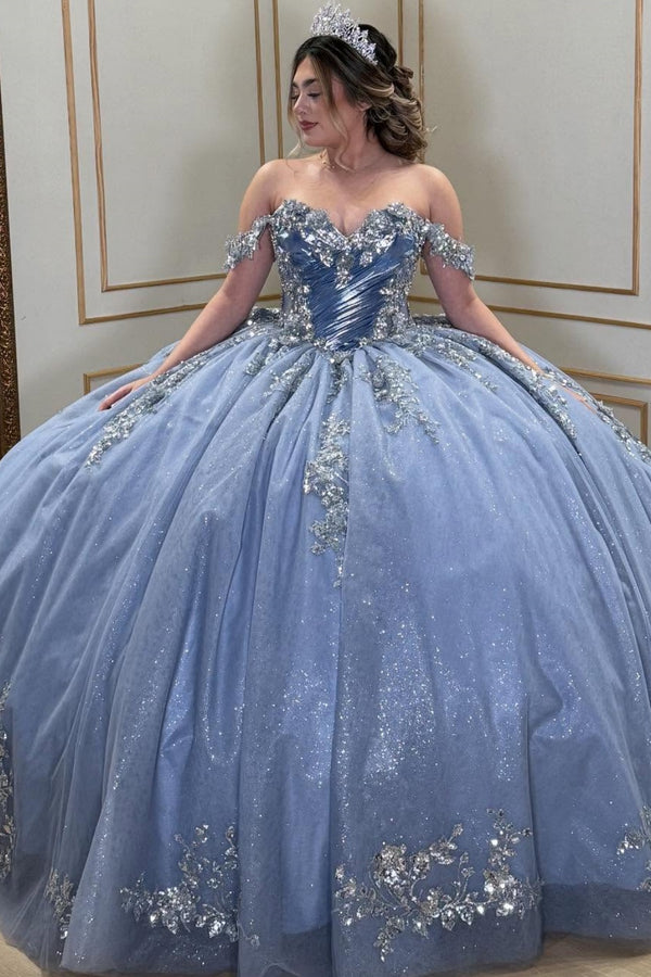 Off Shoulder Sleeveless Beaded Silver Appliques Bow Knot Blue Sweet 15 Quinceañera Dress WQ1682