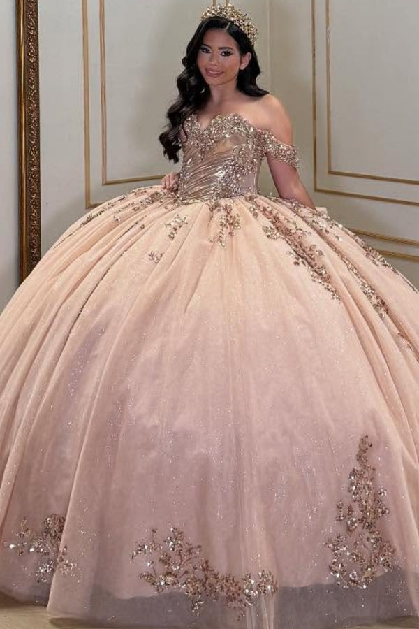 Off Shoulder Sleeveless Gold Beaded Appliques Bow Knot Champagne Sweet 15 Quinceañera Dress WQ1683