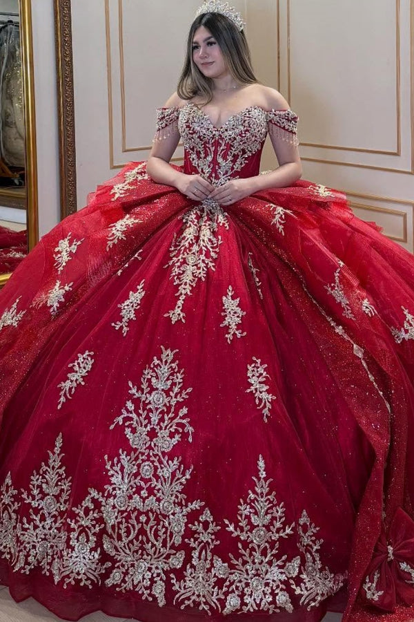 Off Shoulder Sleeveless Beaded Gold Appliques Bow Knot Burgundy Sweet 15 Quinceañera Dress WQ1684