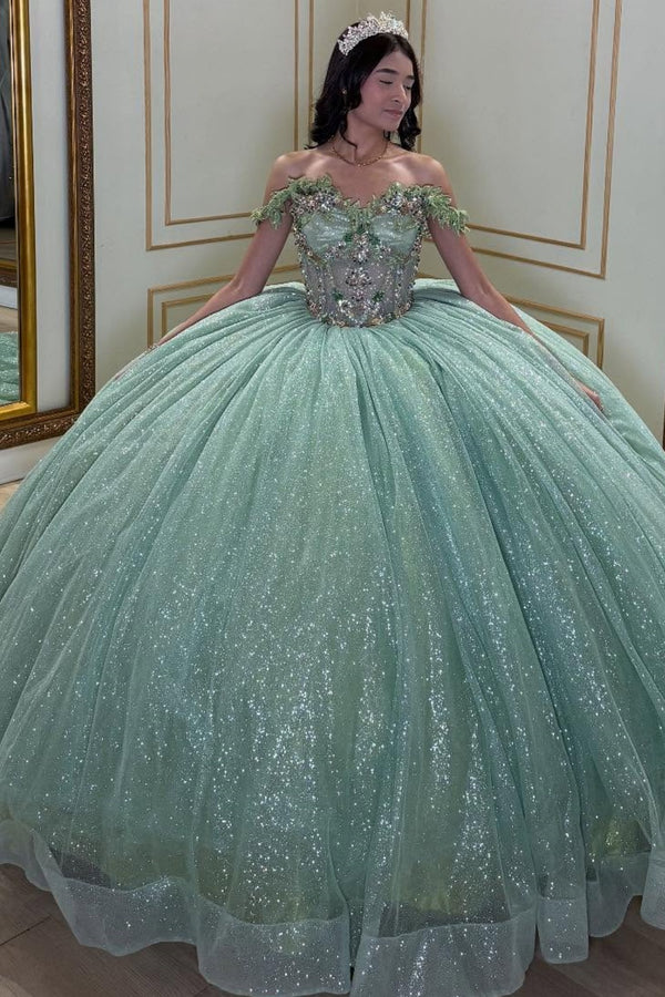 Off Shoulder Sleeveless Beaded Sequins Green Sweet 15 Quinceañera Dress WQ1685
