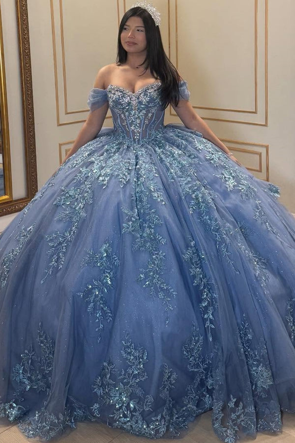 Off Shoulder Sleeveless Sequins Appliques Blue Sweet 15 Quinceañera Dress WQ1686