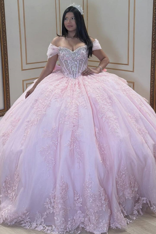 Off Shoulder Sleeveless Sequins Appliques Tiered Bow Knot Pink Quinceañera Dress WQ1687