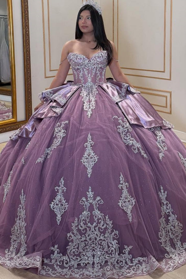 Off Shoulder Sleeveless Silver Appliques Tiered Bow Knot Purple Quinceañera Dress WQ1688