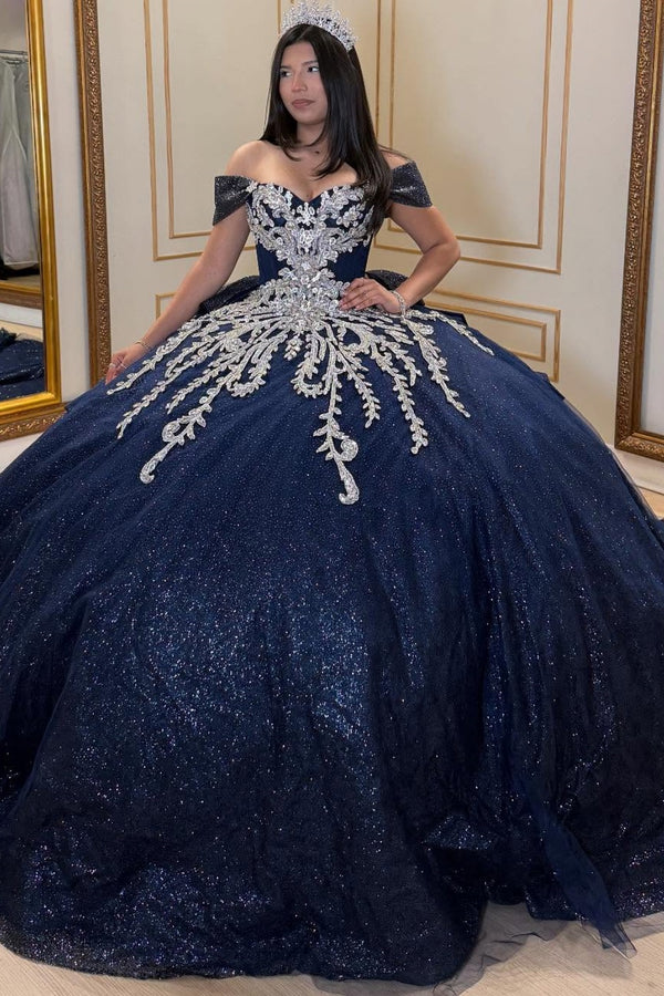 Off Shoulder Sleeveless Silver Appliques Navy Glitter Sweet 15 Quinceañera Dress WQ1689