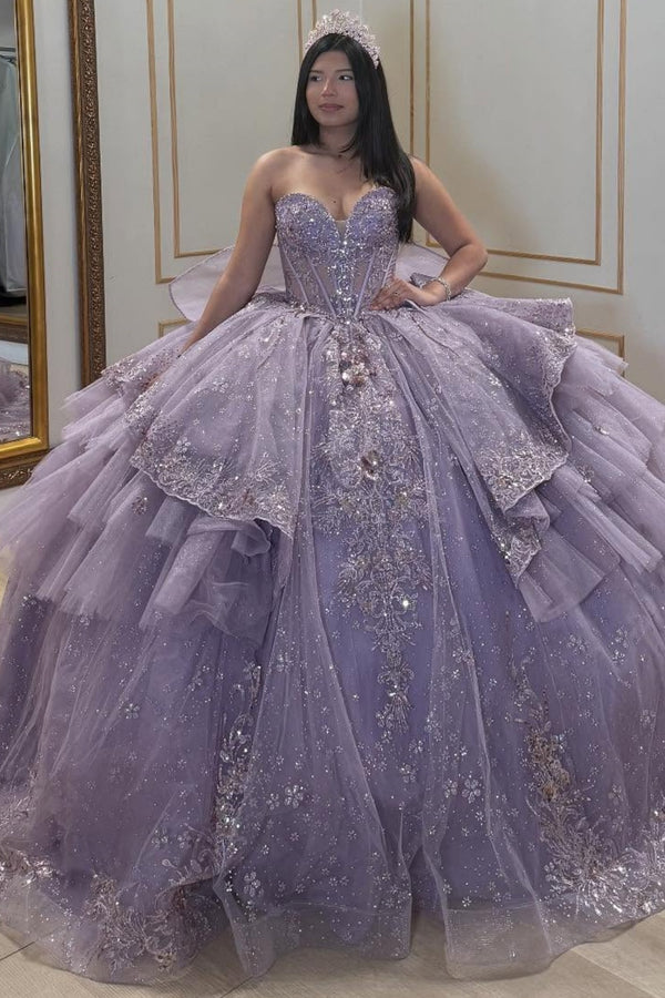 Strapless Sleeveless Sequins Appliques Flowers Lilac Sweet 15 Quinceañera Dress WQ1690