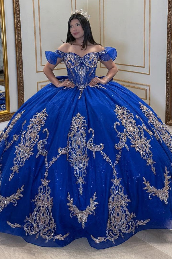 Off Shoulder Sleeveless Sequins Appliques Bow Knot Royal Blue Sweet 15 Quinceañera Dress WQ1691