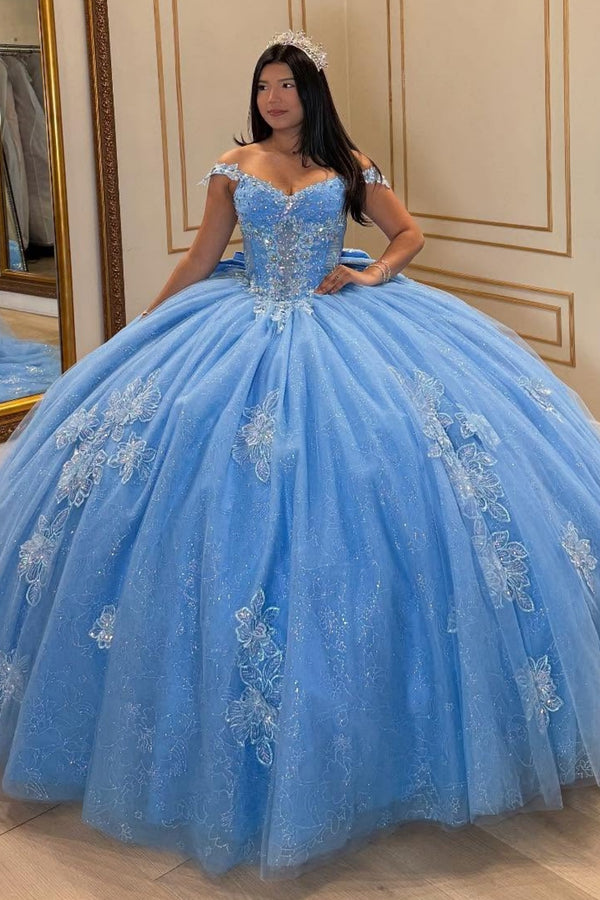 Off Shoulder Sleeveless Beaded Appliques Ruffles Bow Knot Blue Sweet 15 Quinceañera Dress WQ1692