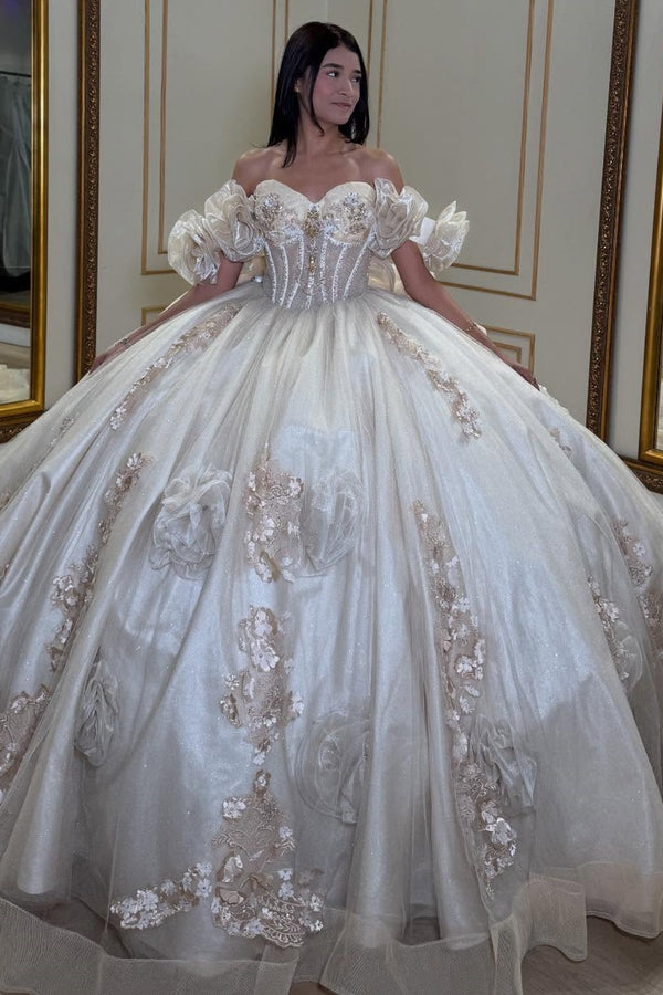 Off Shoulder Sleeveless Beaded 3D Flower Appliques Bow Knot White Sweet 15 Quinceañera Dress WQ1693