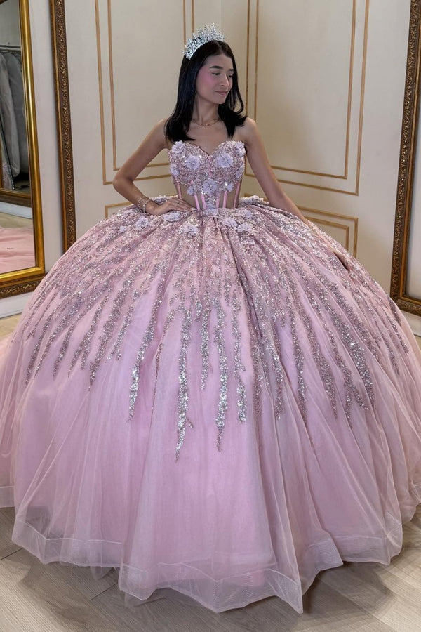 Strapless Sleeveless Beaded Appliques Glitter Pink Sweet 15 Quinceañera Dress WQ1694