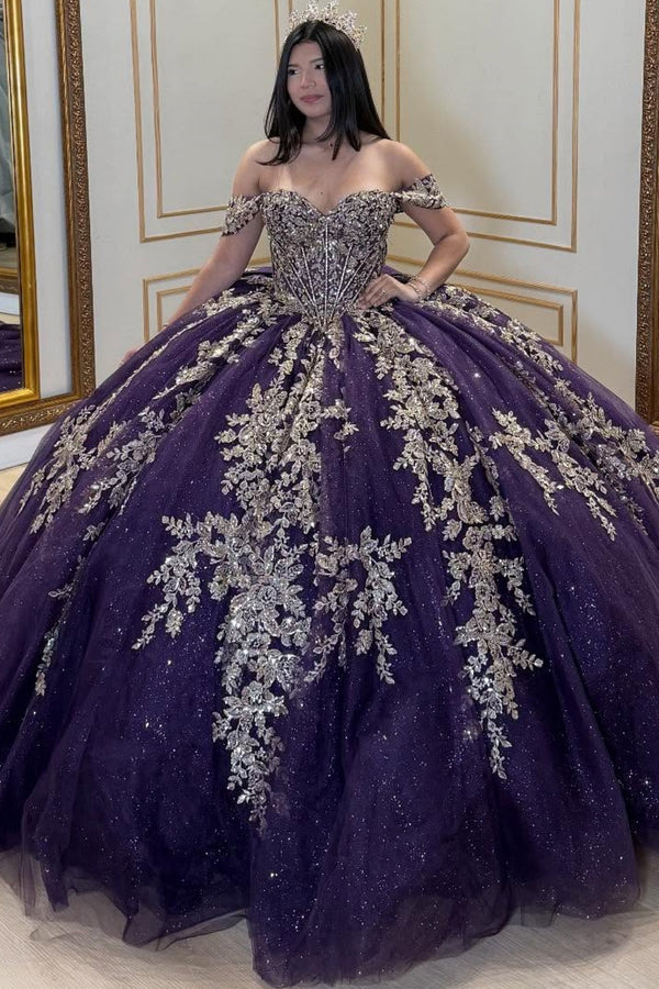 Off Shoulder Sleeveless Gold Seuqins Appliques Bow Knot Purple Quinceañera Dress WQ1695