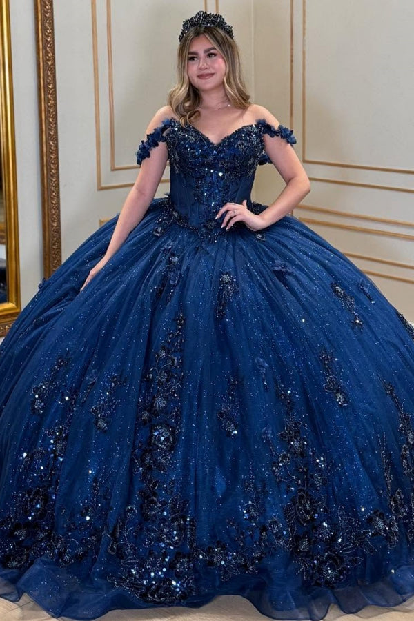 Off Shoulder Sleeveless Beaded Sequins Appliques Navy Sweet 15 Quinceañera Dress WQ1696